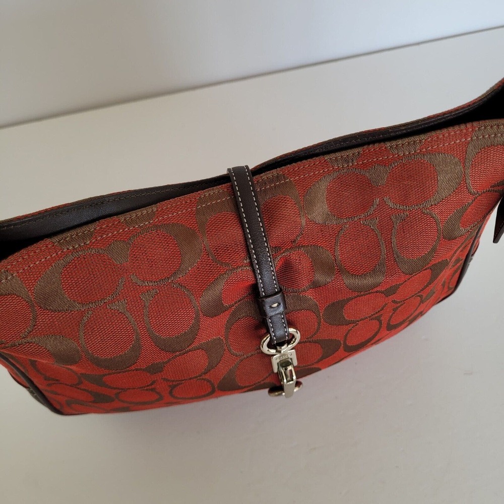 COACH Hampton Clip Brown Red Signature Jacquard Hobo Shoulder Bag 6091 Small - Picture 9 of 15